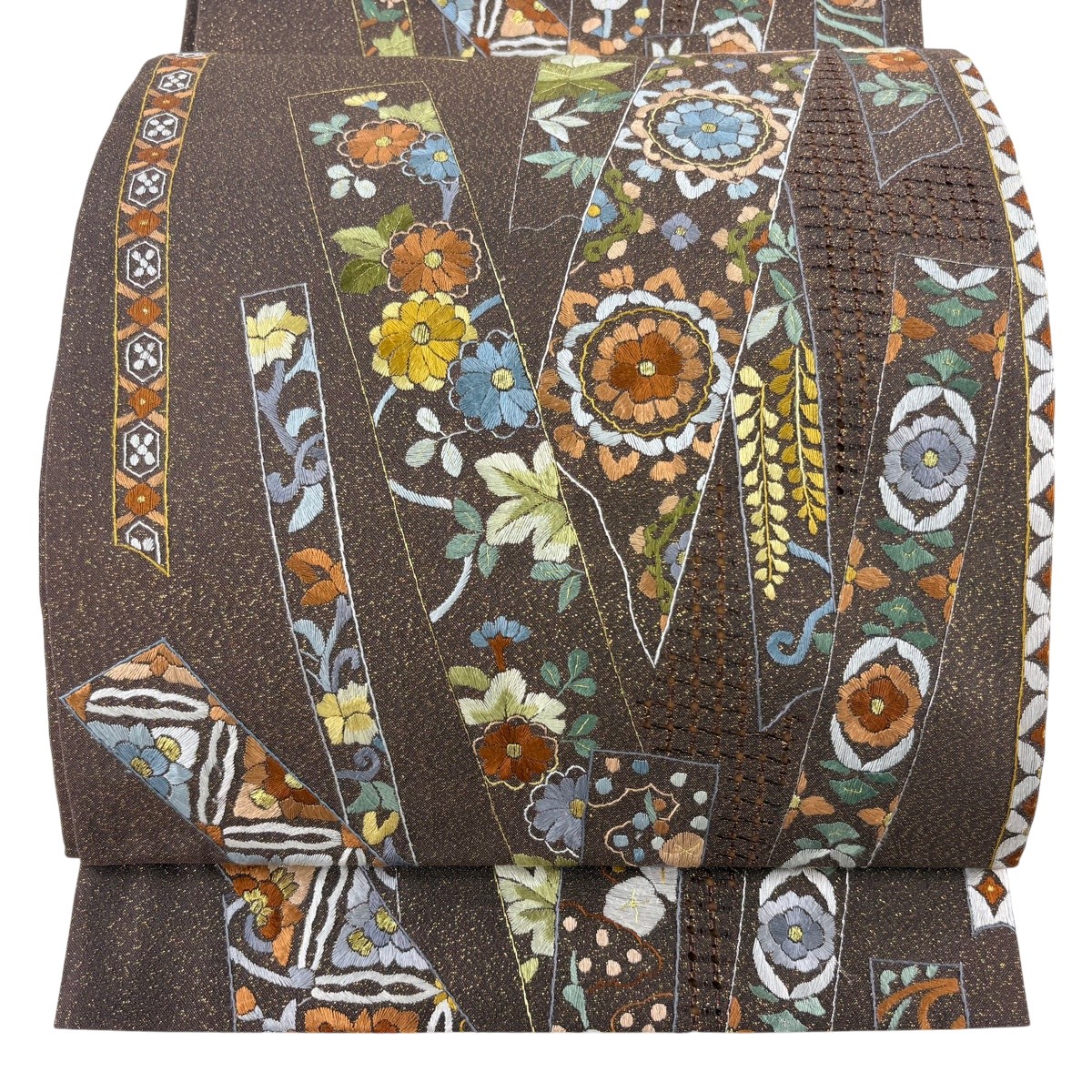 【美品】 袋帯 珠玉 顕花植物 熨斗 金糸 刺しゅう 赤銅色 六通 正絹 【中古】