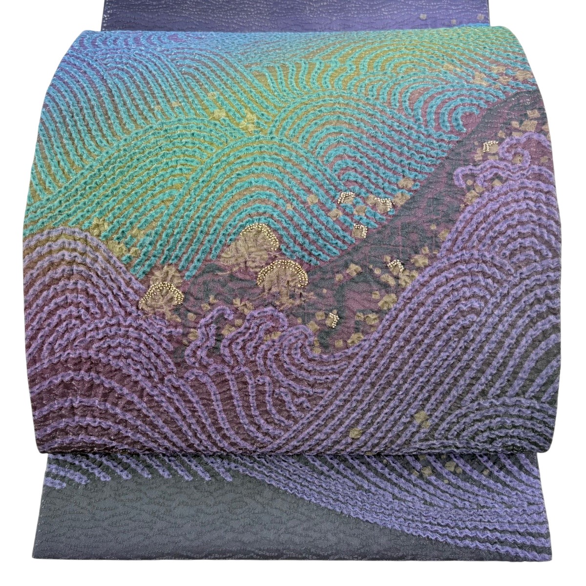 【美品】 袋帯 珠玉 波 笠 金糸 絞り 紫 お太鼓柄 正絹 【中古】