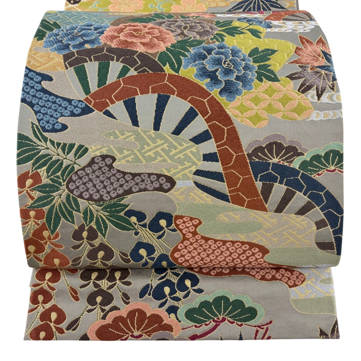 【美品】 袋帯 珠玉 顕花植物 片輪車 箔 薄墨色 六通 正絹 【中古】