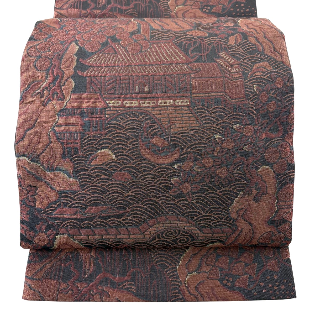 【美品】 袋帯 秀品 見晴らし 営造物 黒 六通 正絹 【中古】