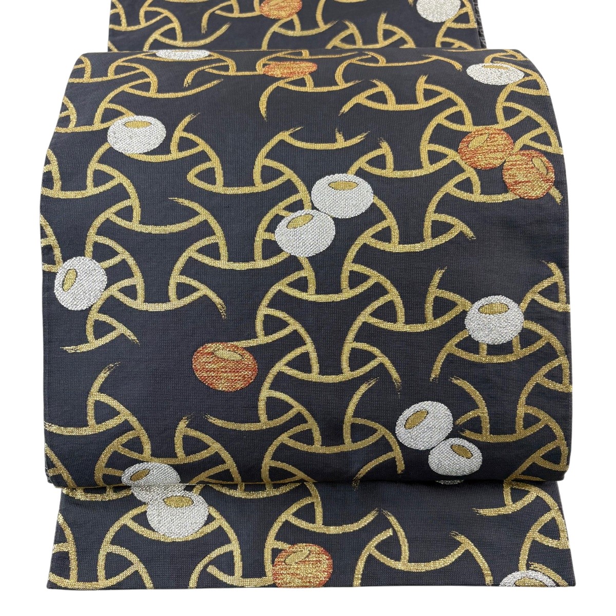 【美品】 袋帯 秀品 幾何学学 箔 黒灰 全通 正絹 【中古】