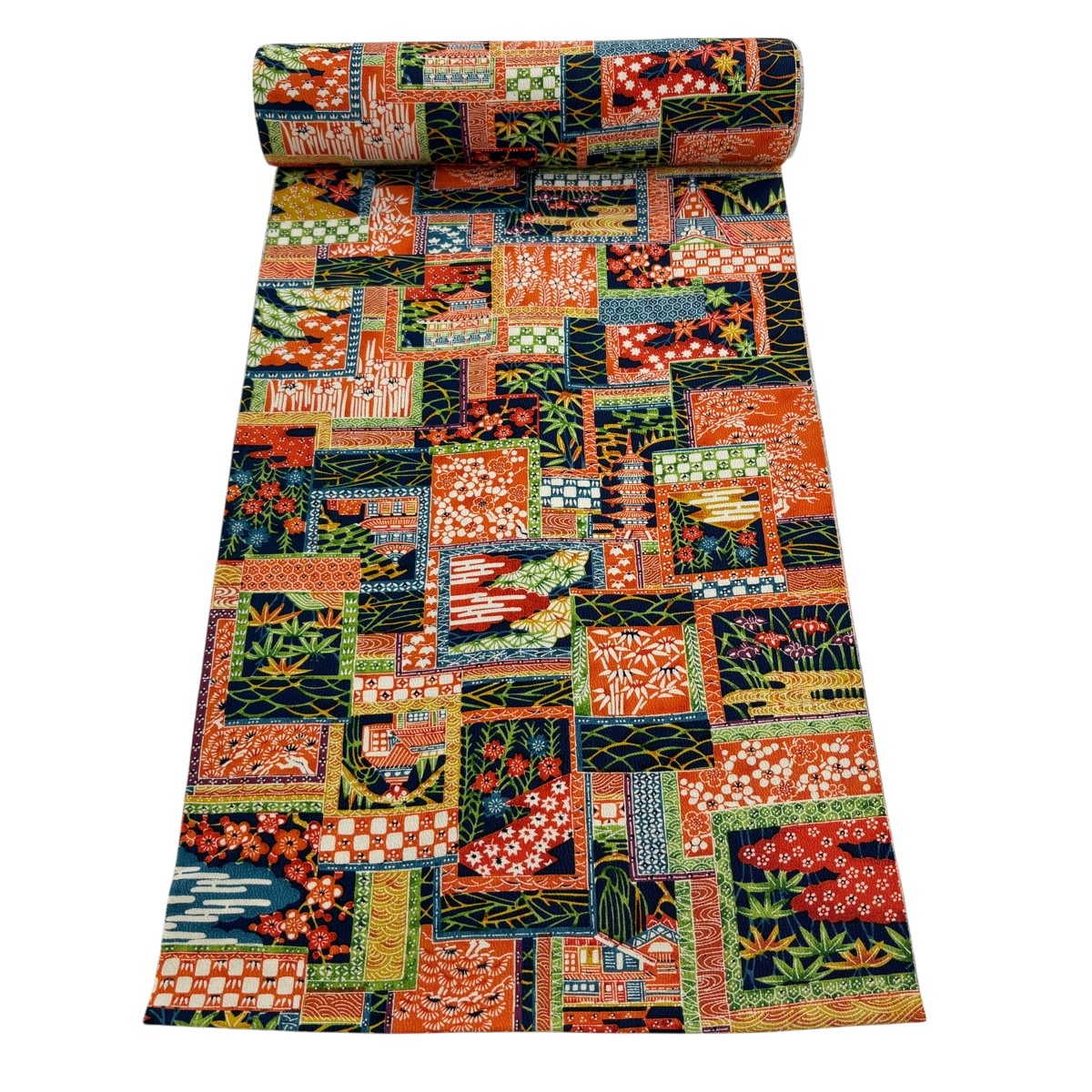 布切れ 秀品 小紋 営造物 松竹梅 オレンジ色 正絹 【中古】