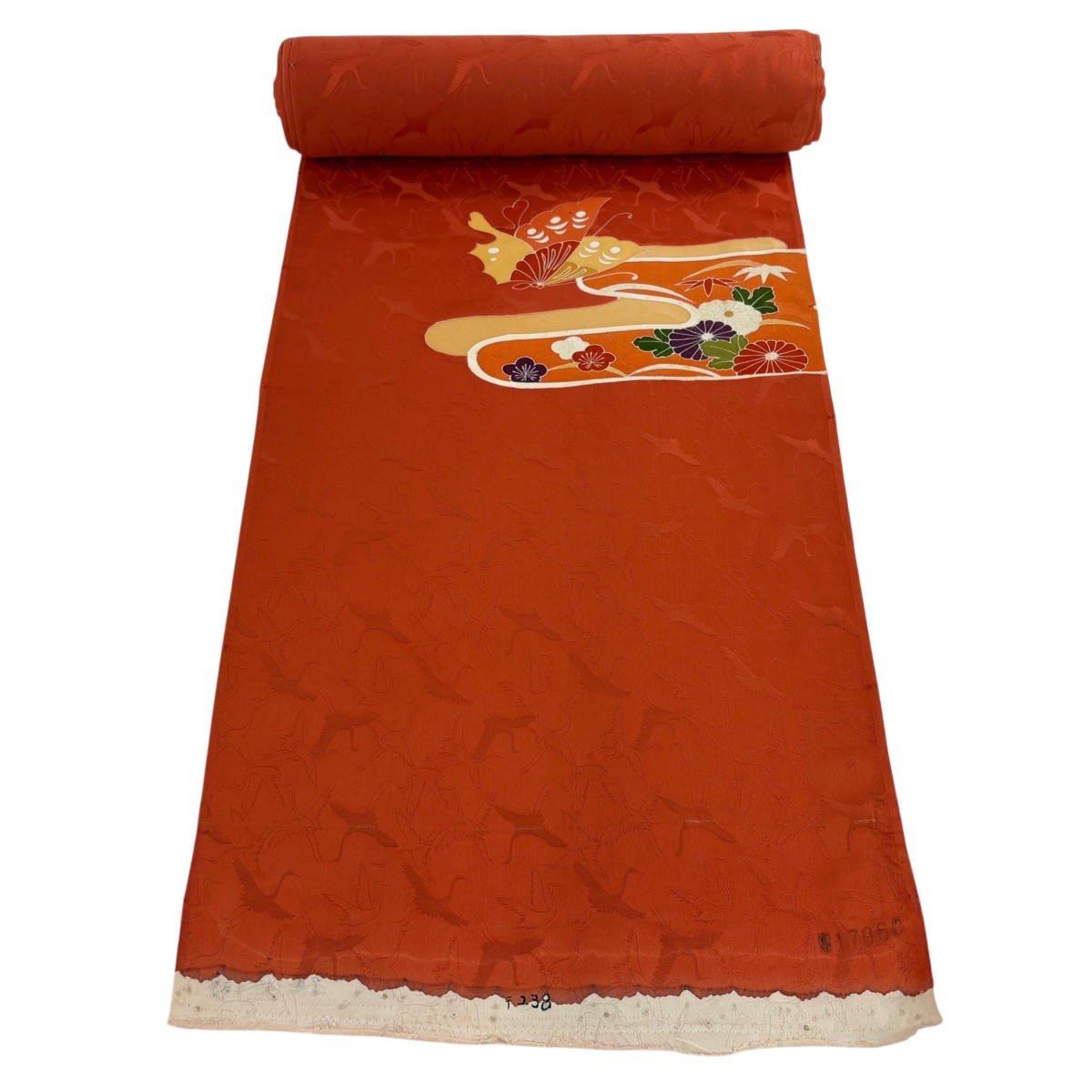 布切れ 秀品 付下げ 蝶 菊 金糸 金彩 オレンジ色 正絹 【中古】