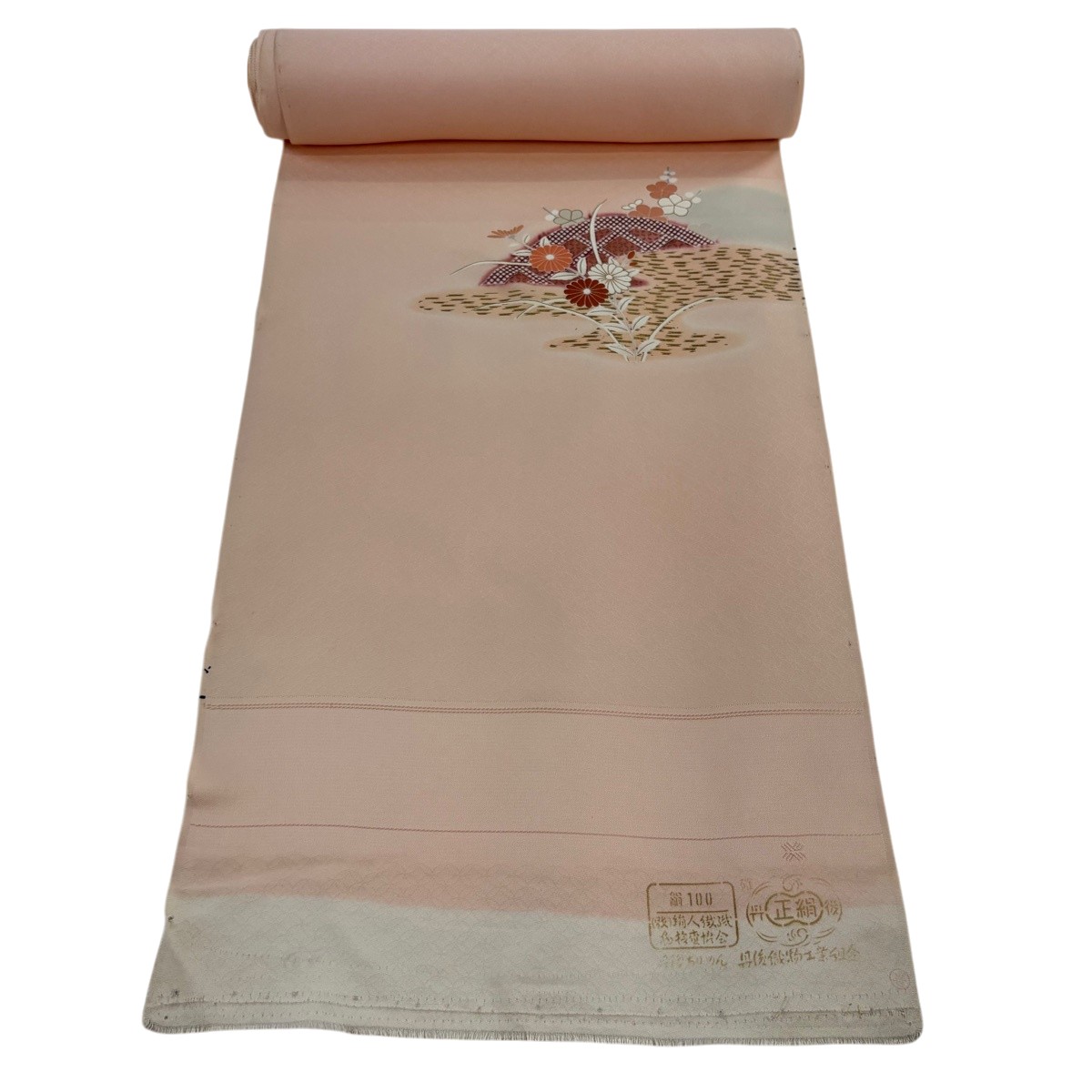 布切れ 秀品 付下げ 秋草 枝梅 金糸 金彩 薄さくら色 正絹 【中古】