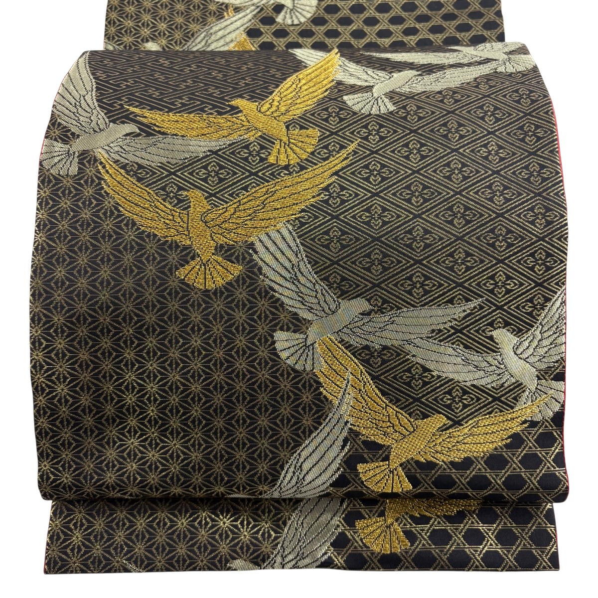 【美品】 袋帯 神品 斉藤三才 名書きあり 鳥 有職文様 金糸 箔 黒 全通 正絹 【中古】