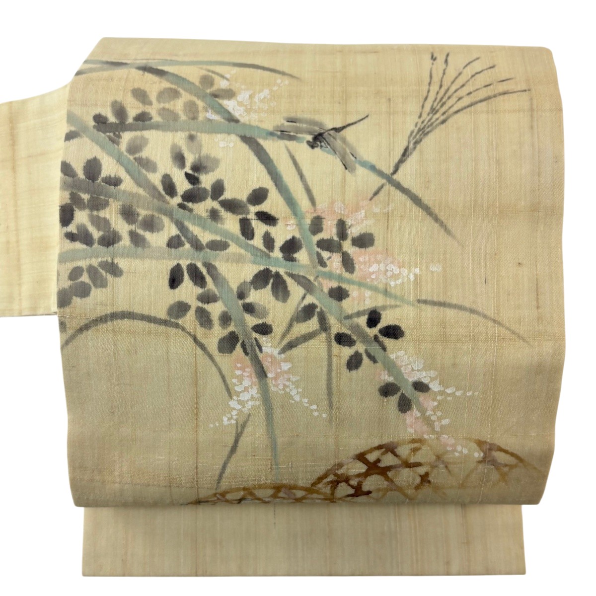 【美品】 名古屋帯 名篇 夏帯 夏紬地 萩 トンボ ベージュ 正絹 【中古】