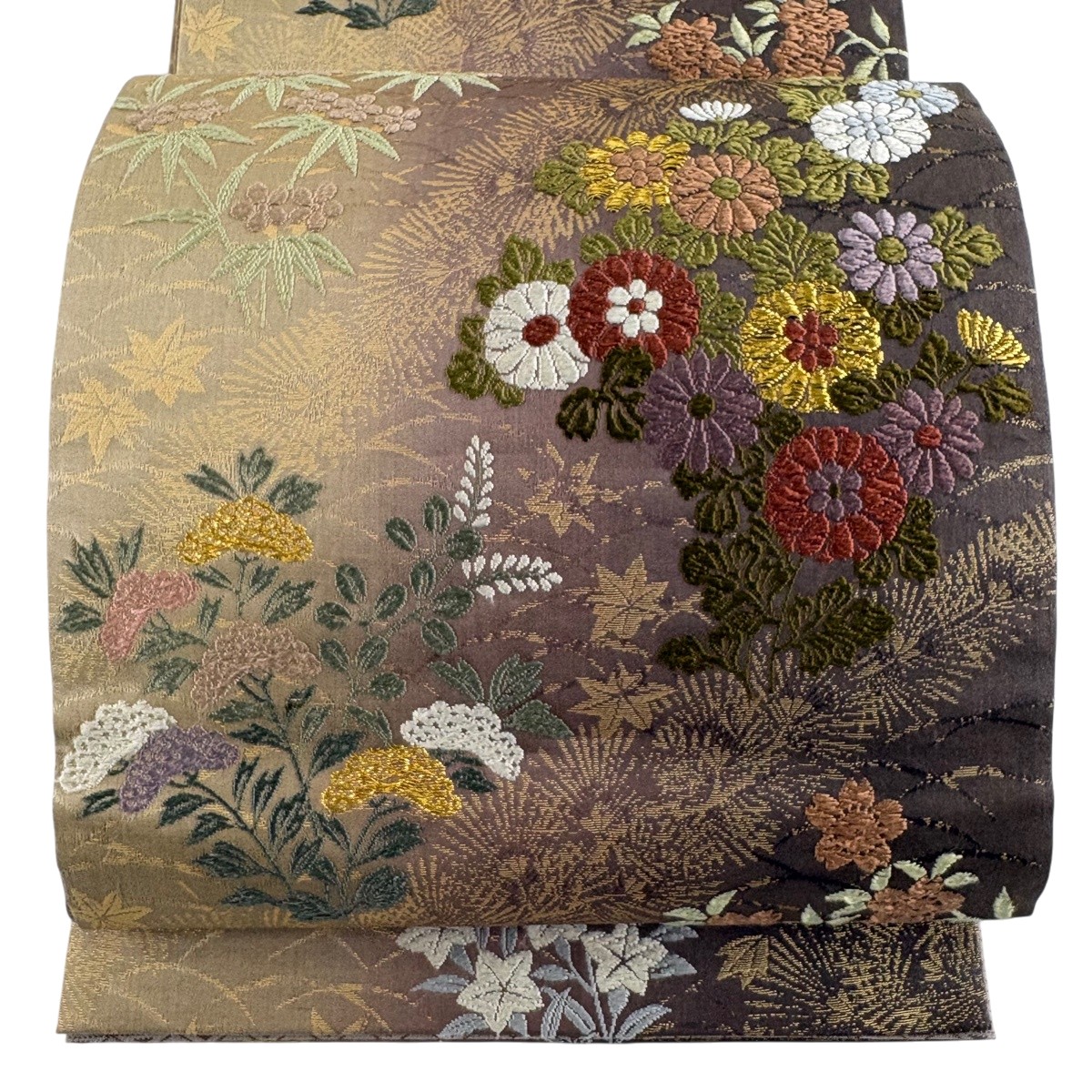 袋帯 名曲 顕花植物 金糸 箔 茶紫 六通 正絹 【中古】