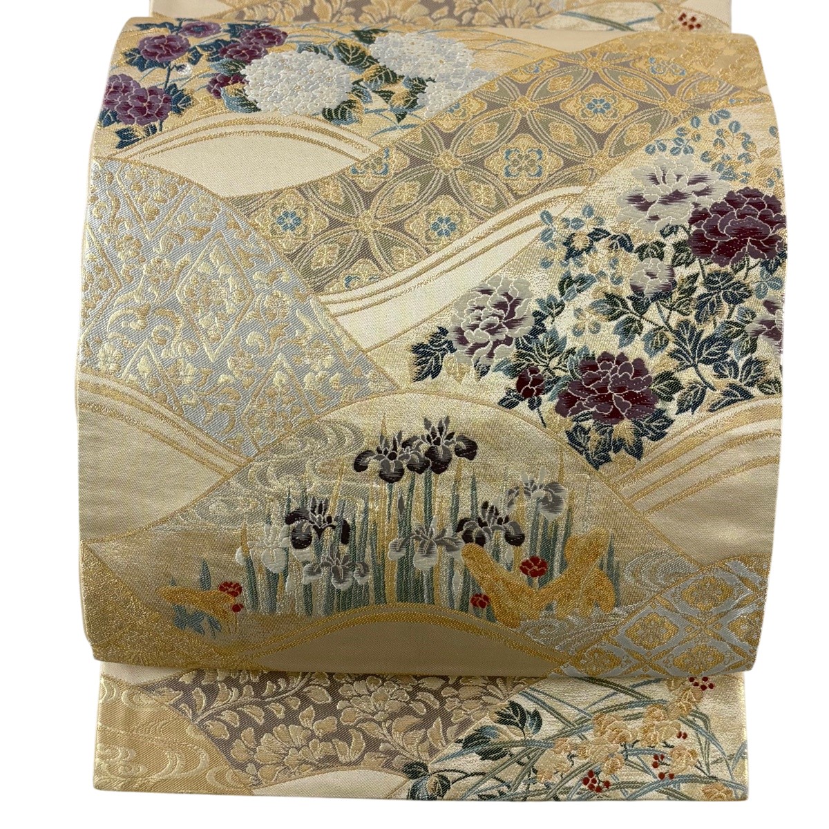 袋帯 名曲 貝紫 顕花植物 波 現ナマ糸 箔 金色 六通 正絹 【中古】