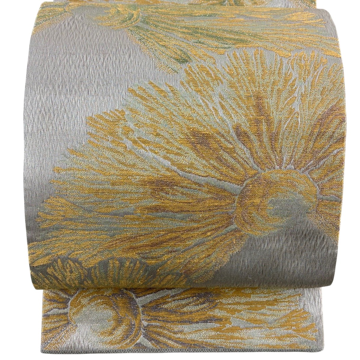 【美品】 袋帯 神品 花 現ナマ糸 箔 しろがね色 六通 正絹 【中古】