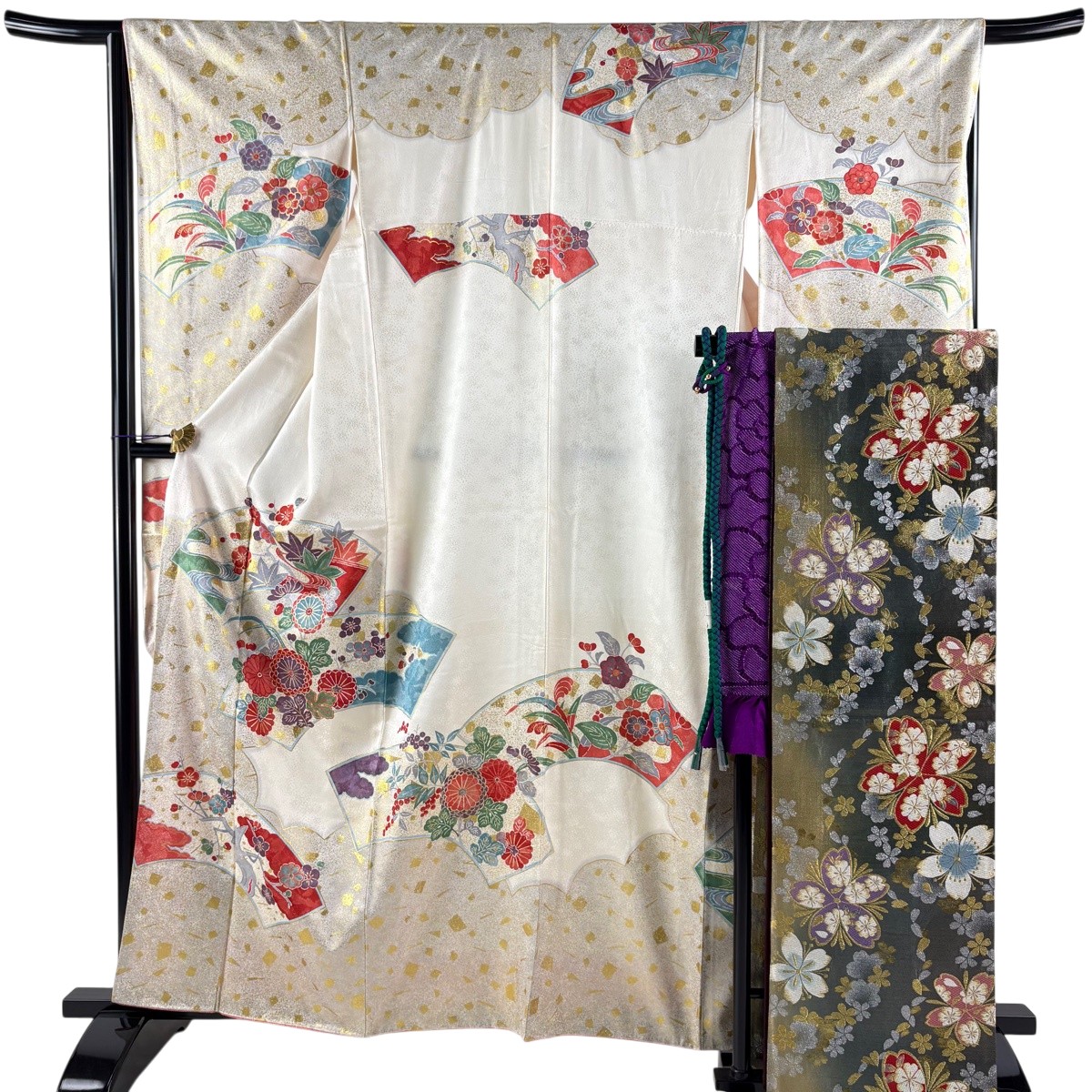 【美品】 振袖 身の丈161.5珊 裄丈66珊 M 袷 袋帯フルセット 扇子 顕花植物 金彩 皮膚軟化剤 正絹 秀品 【中古】