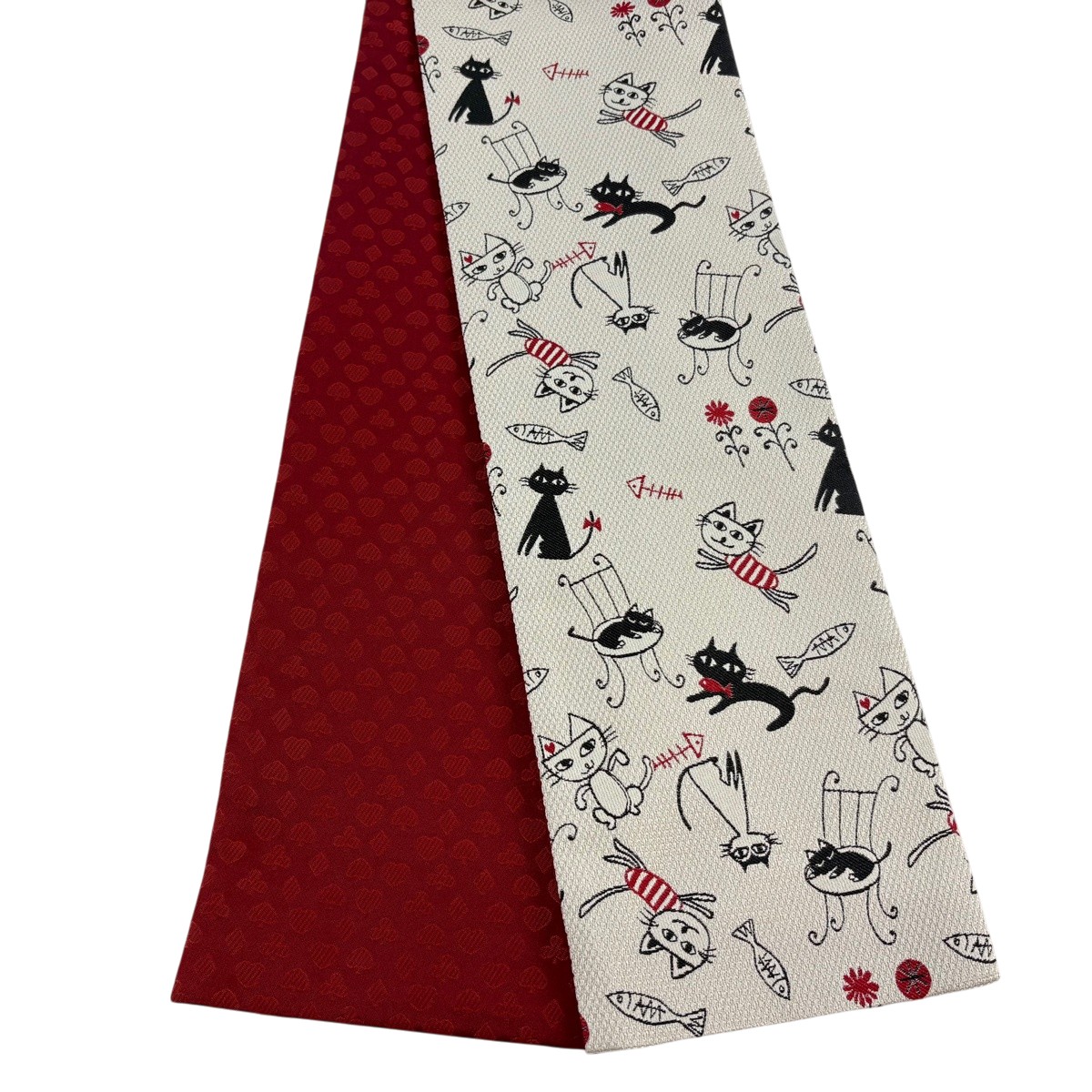 【美品】半幅帯 秀品 猫 魚 うす茶色色 化繊 【中古】
