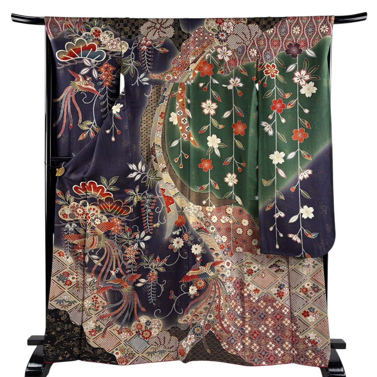 【美品】 振袖 身の丈168糎 裄丈67糎 M 袷 鳳凰 笠松 金糸 金通し 紫 正絹 珠玉 【中古】