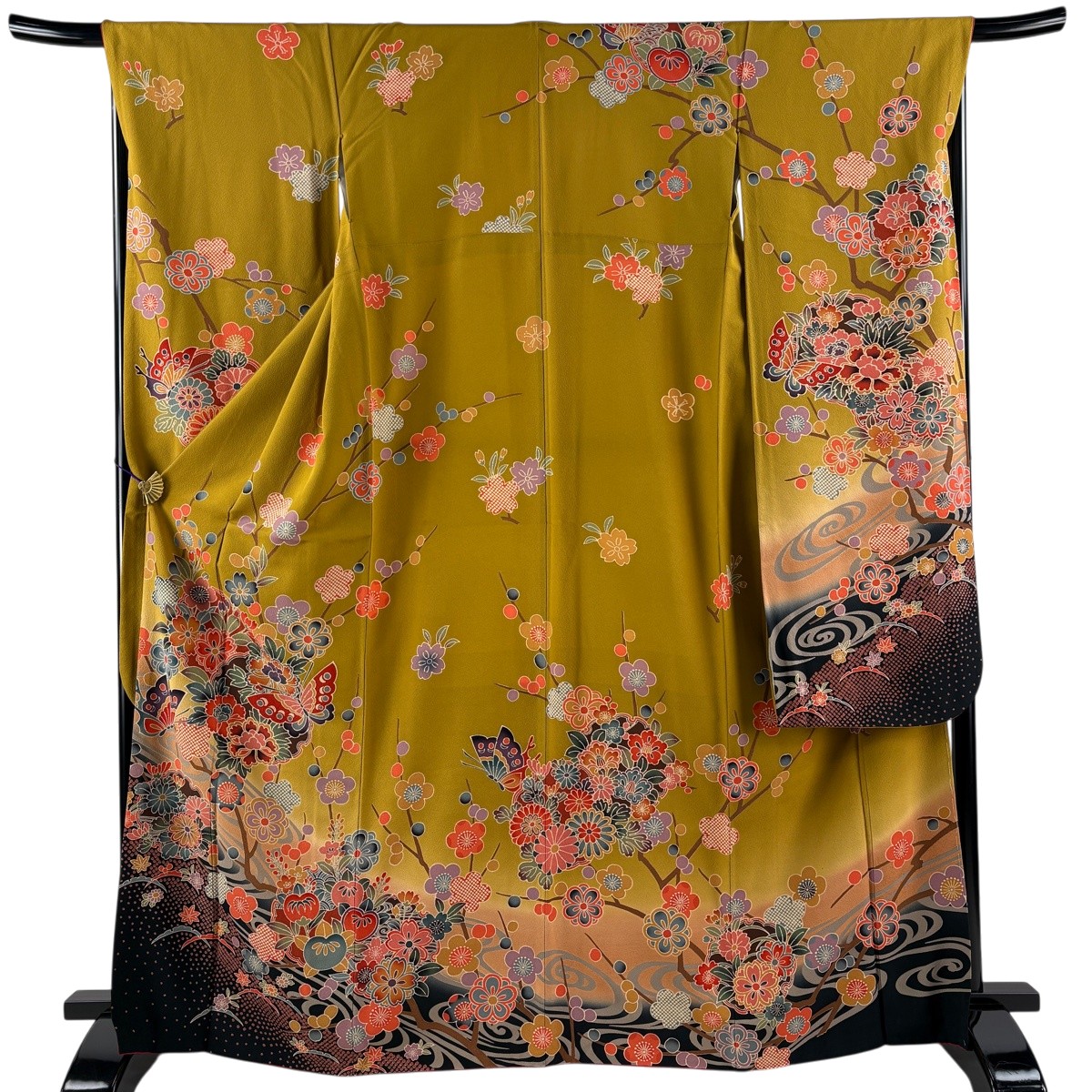 【美品】 振袖 身の丈166.5糎 裄丈68糎 L 袷 蝶 枝梅 ぼかし イエローオーカー色 正絹 名篇 【中古】