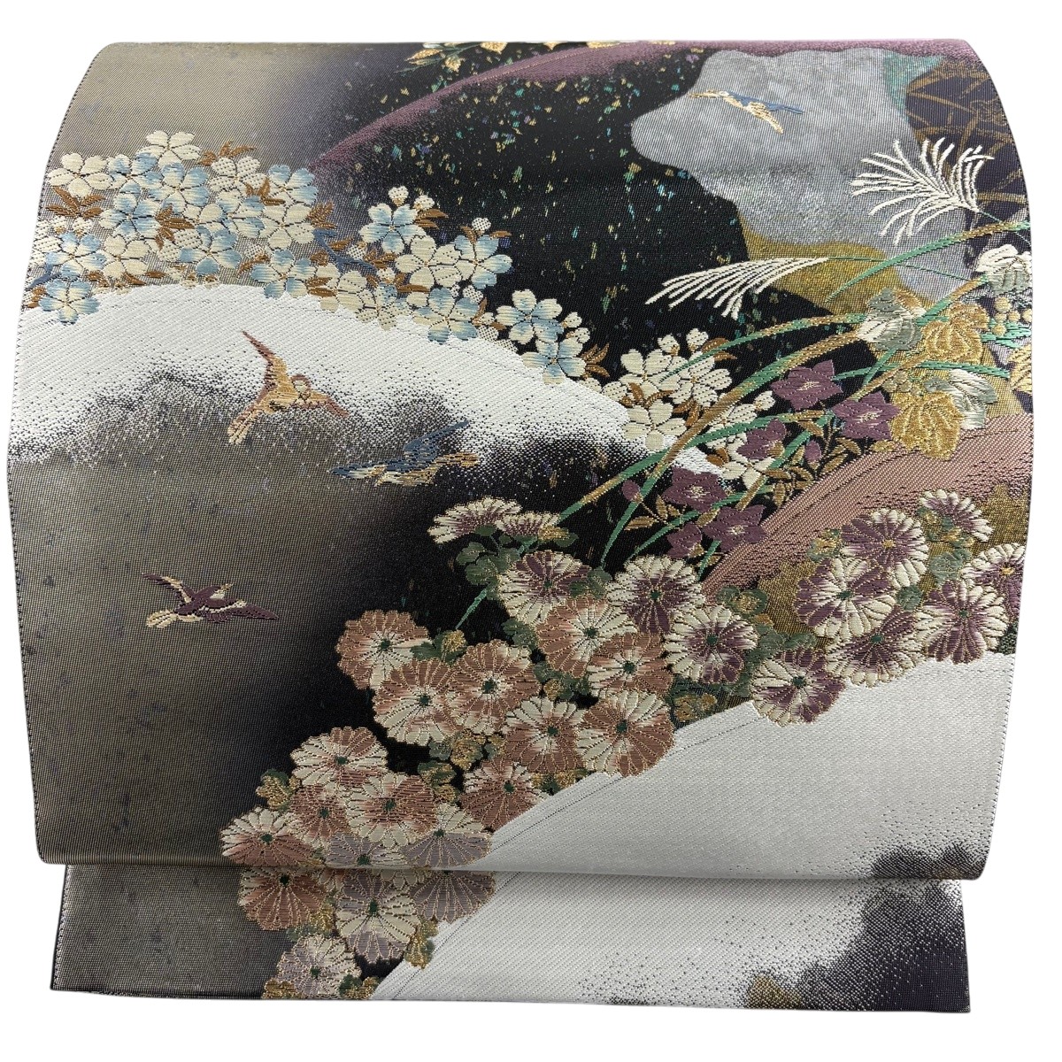 【美品】 袋帯 秀品 菊 鳥 金糸 箔 黒 六通 正絹 【中古】