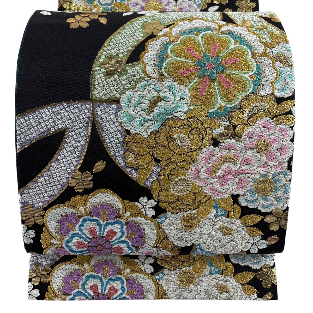 【美品】 袋帯 秀品 風鈴 TWINCOLOR REVERSIBLE 華文 顕花植物 唐織 箔 黒 六通 正絹 【中古】