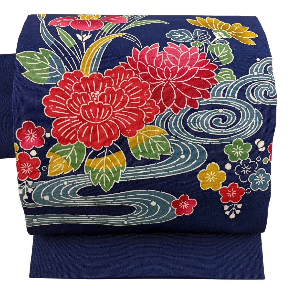 名古屋帯 秀品 名取り草 水筋 紺色 正絹 【中古】