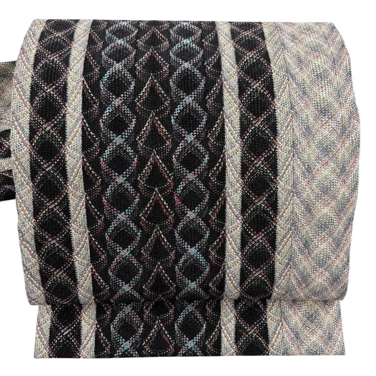 【美品】 名古屋帯 秀品 縞 幾何学学 現ナマ糸 黒 正絹 【中古】