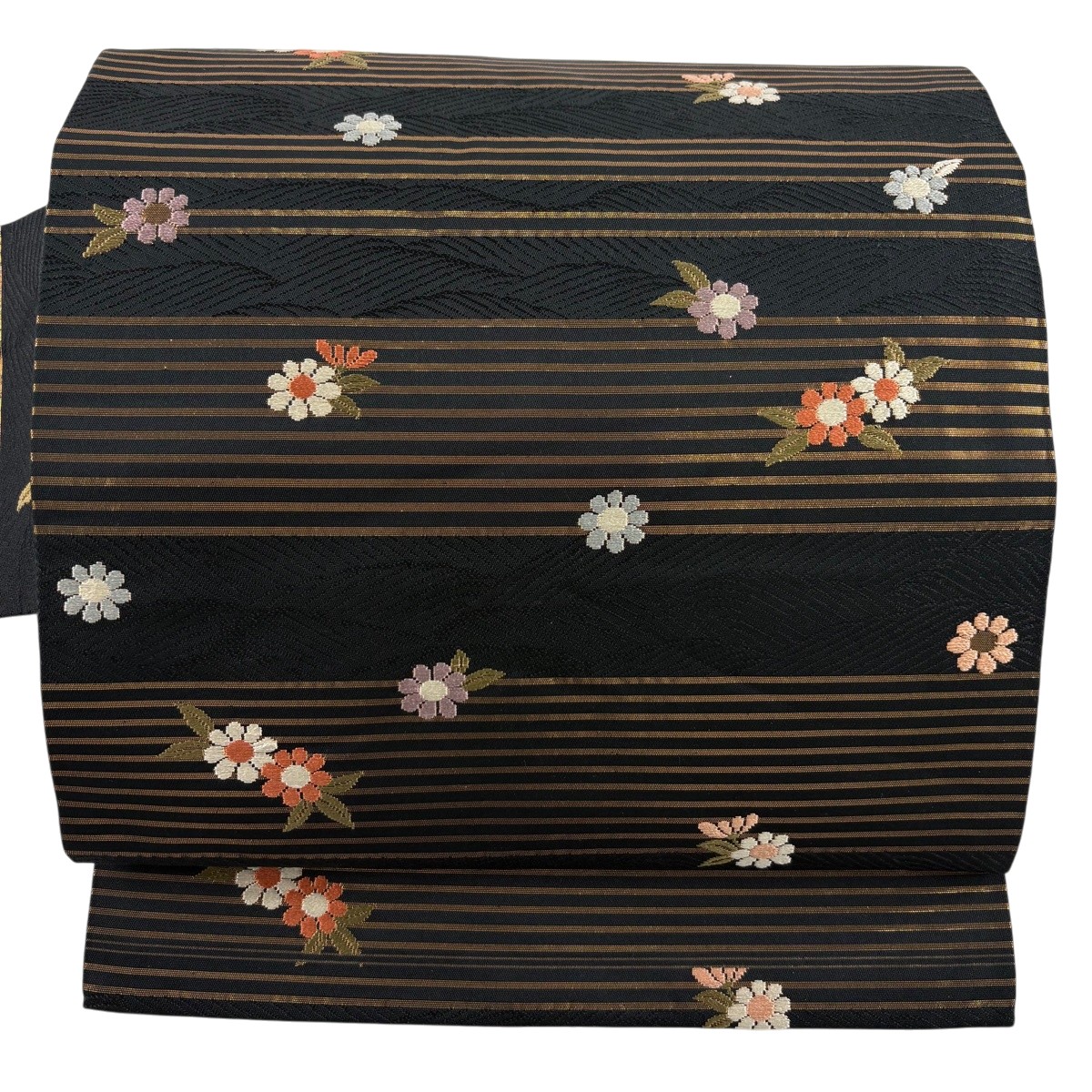 【美品】 名古屋帯 秀品 菊 縞飾りつけ 箔 黒 正絹 【中古】