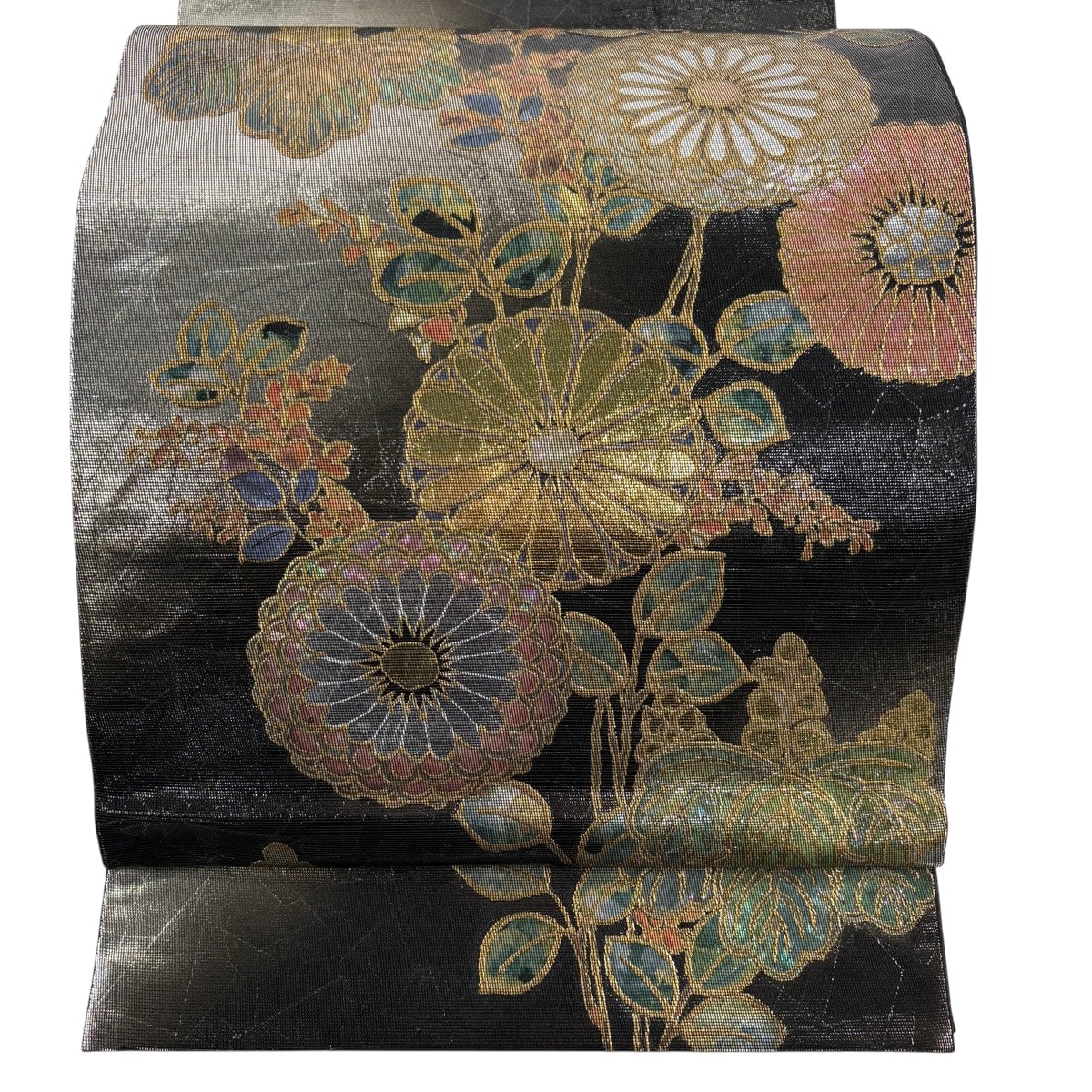 【美品】 袋帯 秀品 菊 桐 箔 黒 六通 正絹 【中古】