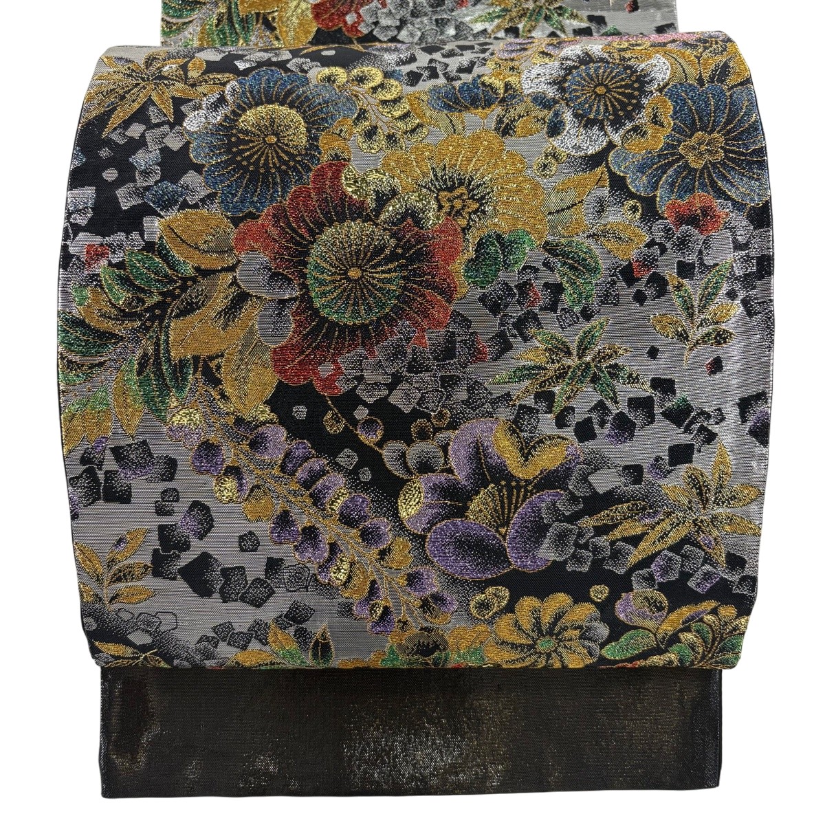 【美品】 袋帯 秀品 顕花植物 金糸 箔 黒 六通 正絹 【中古】