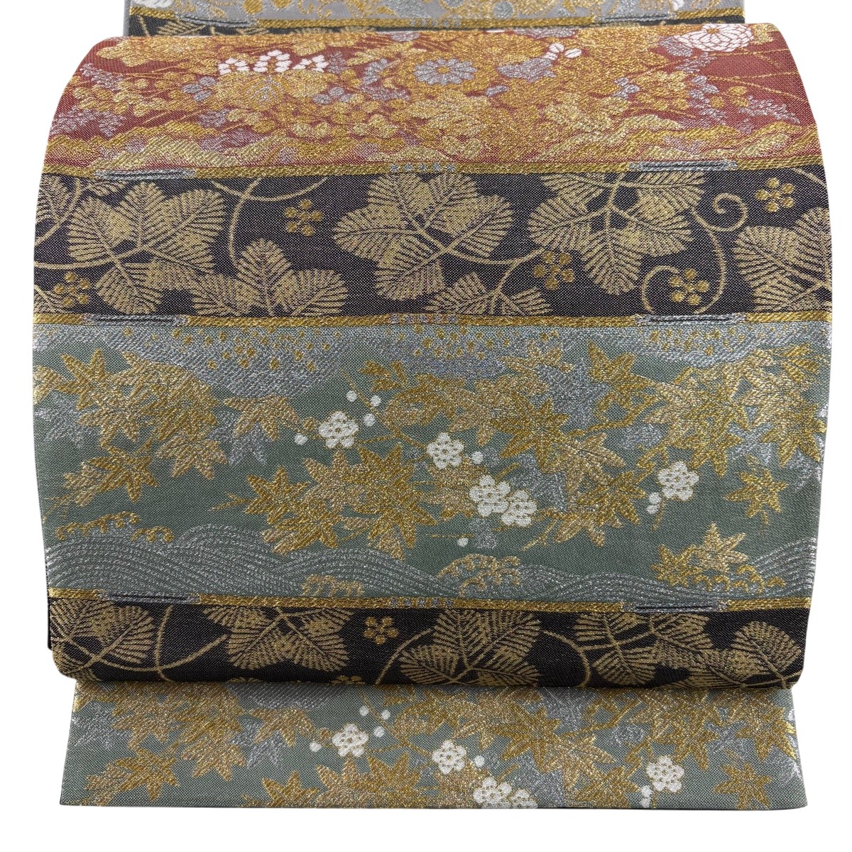 【美品】 袋帯 秀品 ますいわ屋 段縞 秋草 現ナマ糸 黒灰 六通 正絹 【中古】
