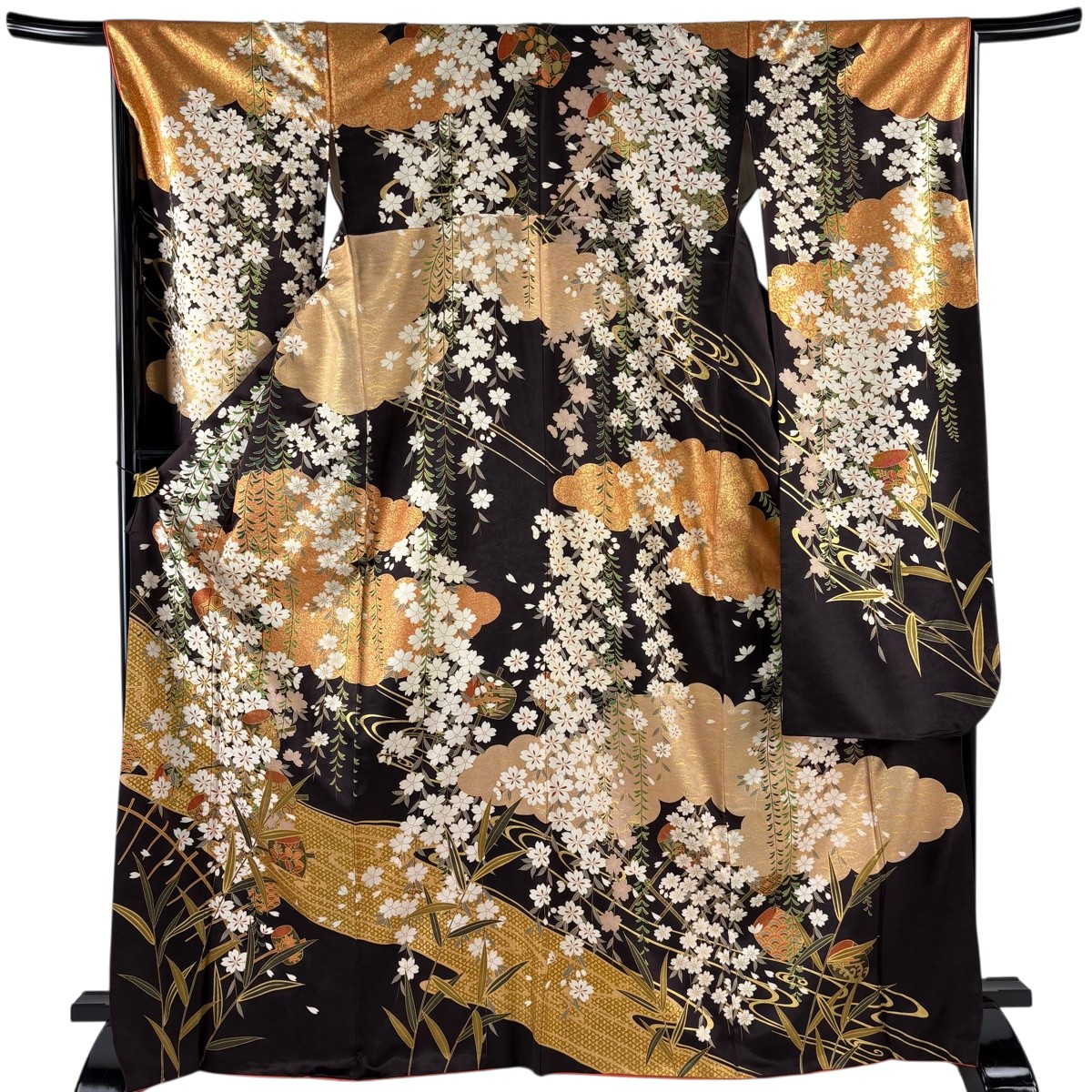 振袖 身の丈168.5珊 裄丈66.5珊 M 袷 土車 桜 金彩 金糸 焦茶色 正絹 神品 【中古】