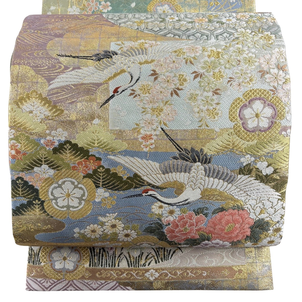 【美品】 袋帯 神品 七上がり下がり 寿鶴幸彩結美文 金糸 箔 水色 お太鼓柄 正絹 【中古】