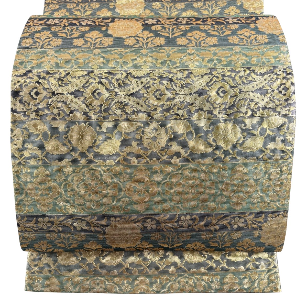 【美品】 袋帯 神品 華文 顕花植物 箔 薄青緑 全通 正絹 【中古】