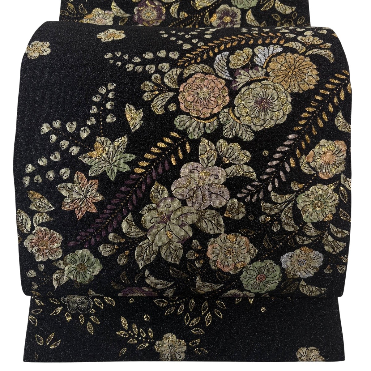 【美品】 袋帯 神品 やまと 顕花植物 金糸 箔 黒 六通 正絹 【中古】