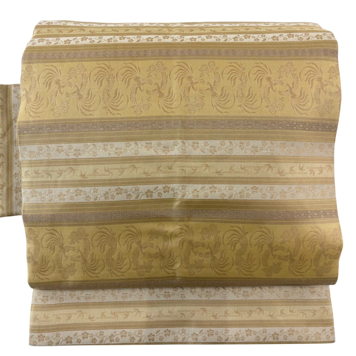 名古屋帯 神品 花鳥 縞 ベージュ 正絹 【中古】