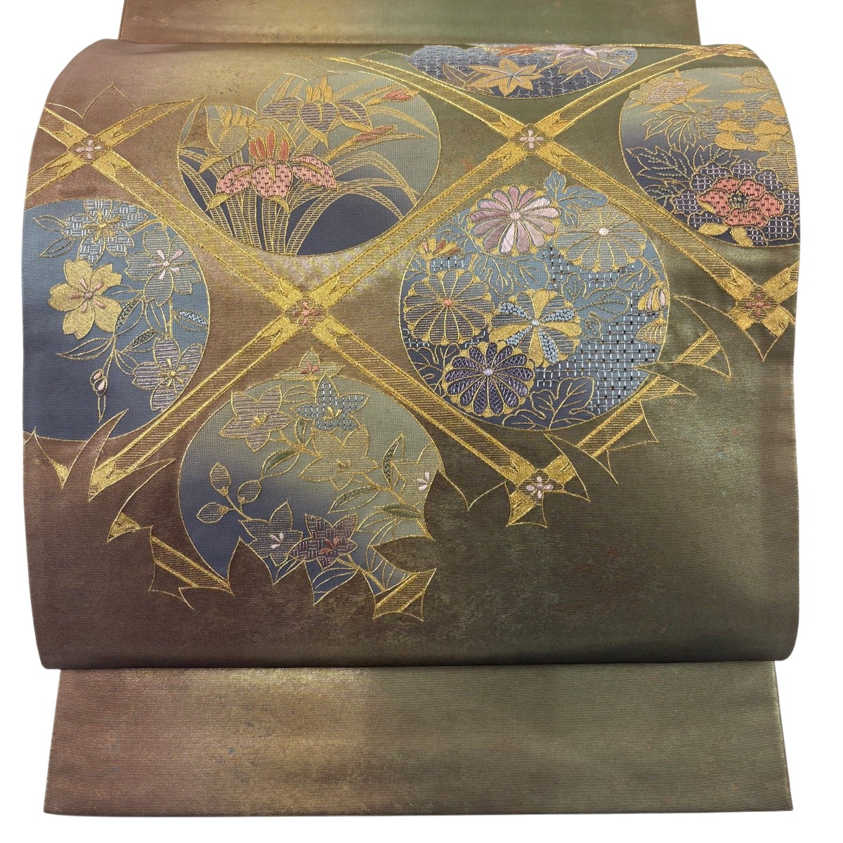 【美品】 袋帯 神品 格天井 顕花植物 金糸 刺しゅう 灰緑 お太鼓柄 正絹 【中古】