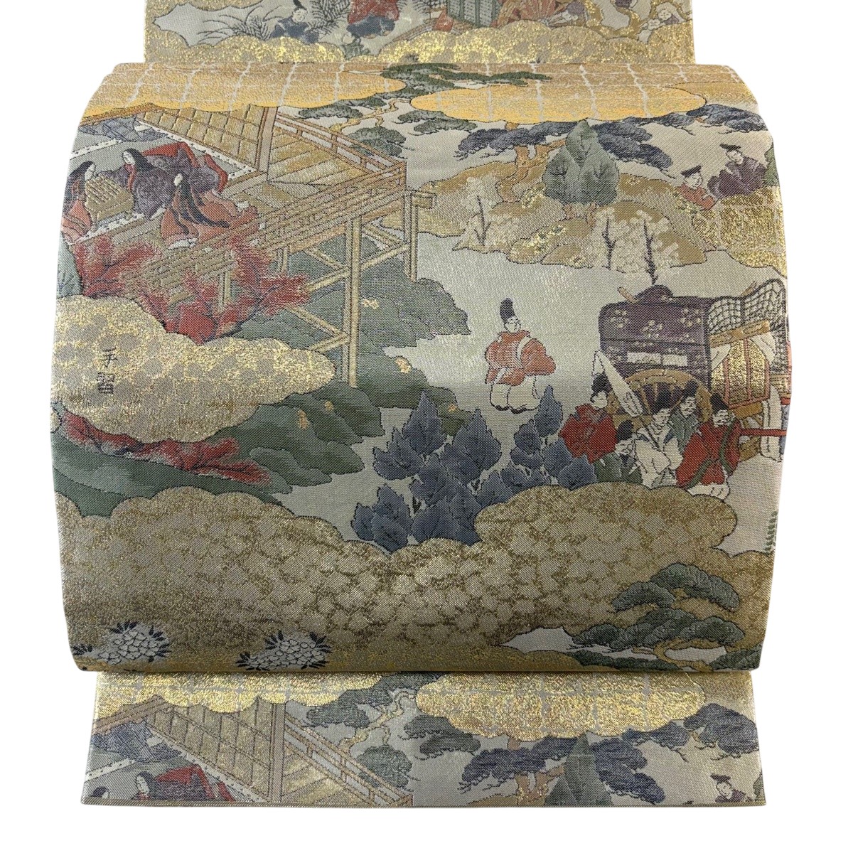 丸帯 神品 名書きあり 人となり 雲文 金糸 箔 しろがね色 全通 正絹 【中古】