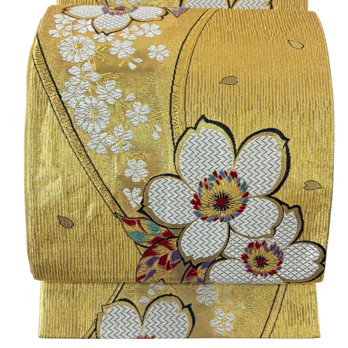 【美品】 袋帯 神品 振袖方位 桜 顕花植物 金糸 箔 金色 六通 正絹 【中古】