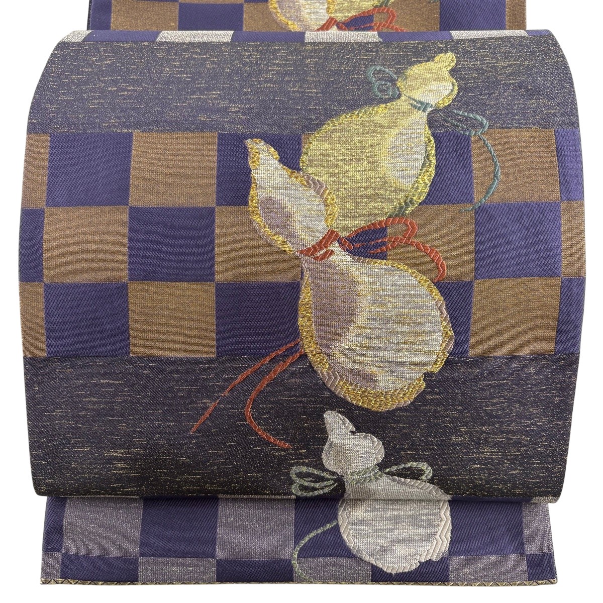 【美品】 袋帯 神品 瓠 市松 箔 青紫 六通 正絹 【中古】