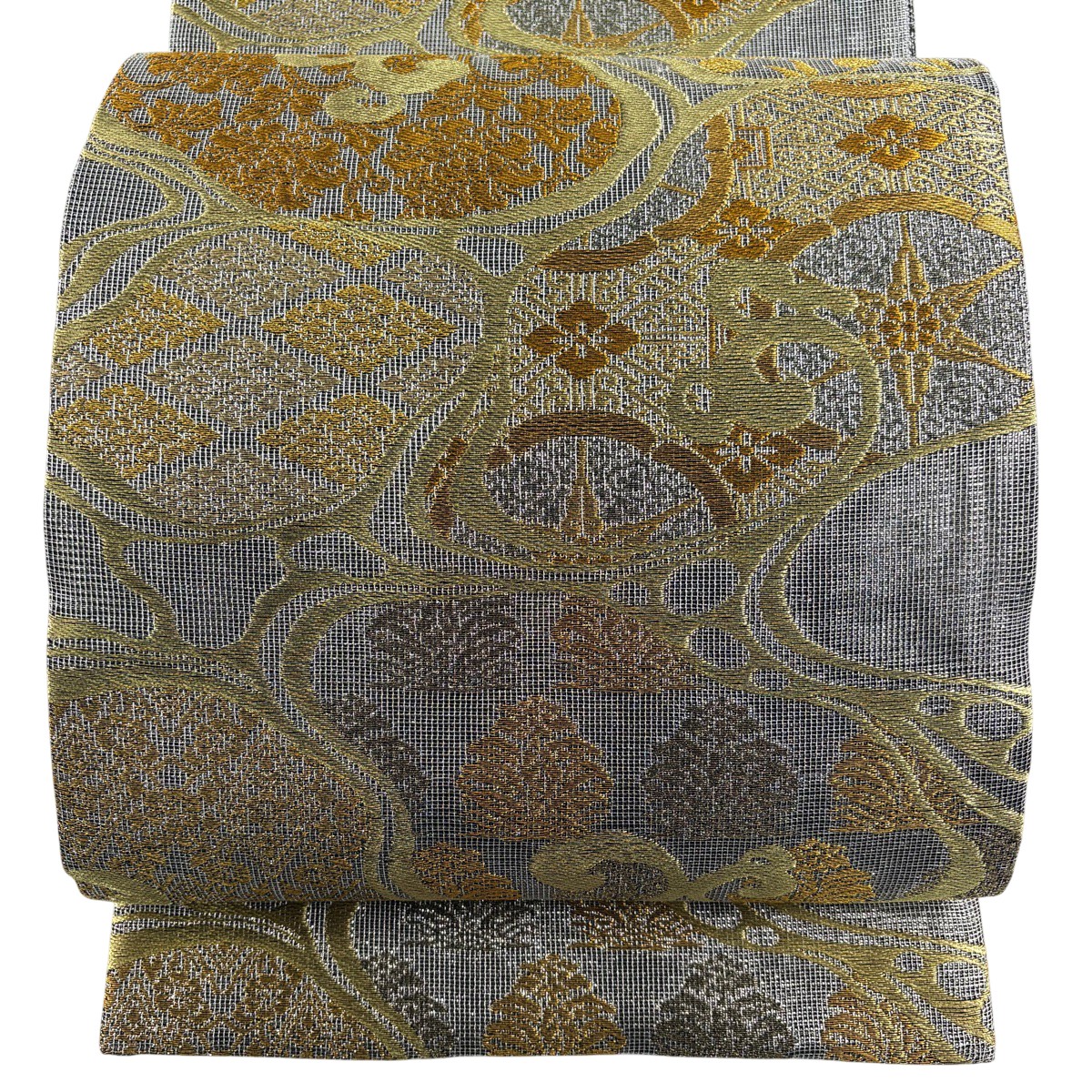 【美品】 袋帯 神品 顕花植物 水筋 現ナマ糸 箔 しろがね色 六通 正絹 【中古】