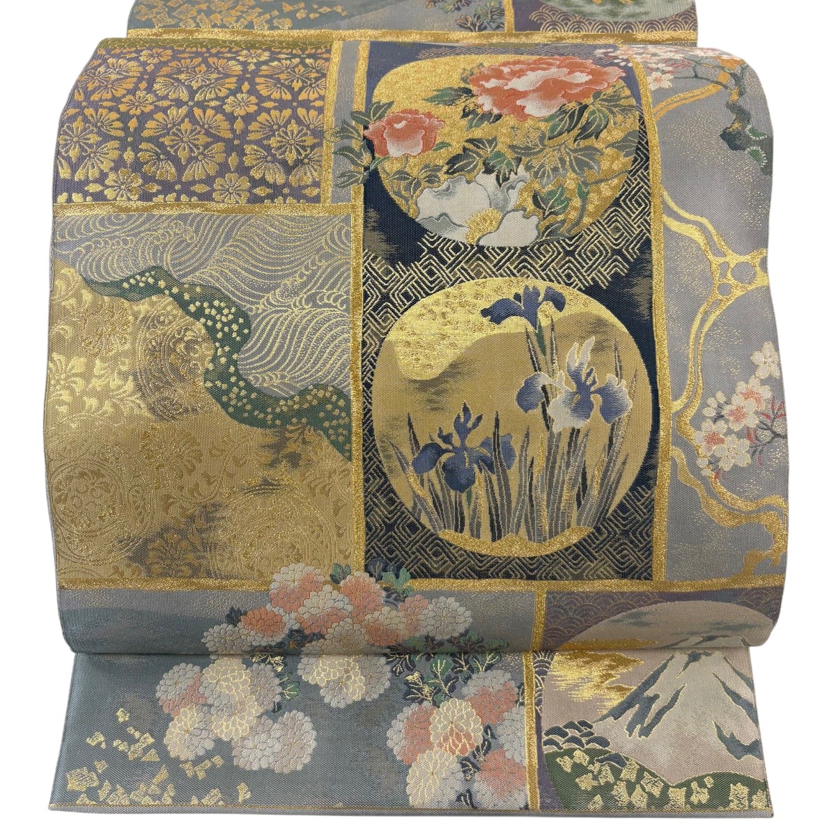 袋帯 名曲 関西仕立てもの 丸文 顕花植物 箔 金糸 薄墨色 六通 正絹 【中古】