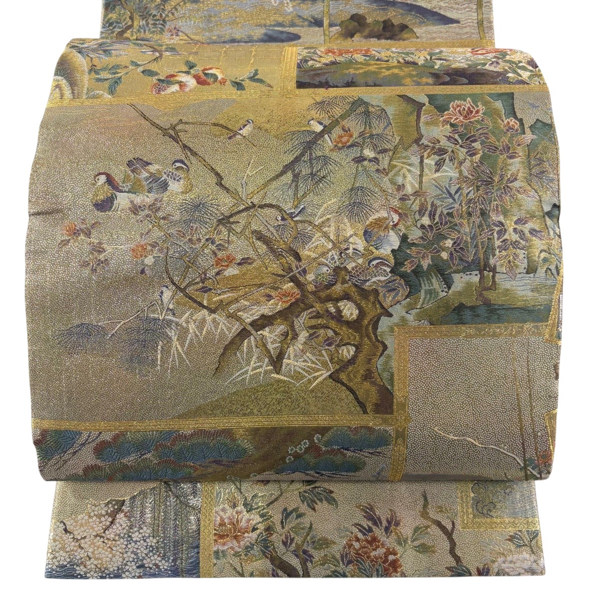 丸帯 神品 日本屏風絵大観 鴛鴦 金糸 箔 灰緑 お太鼓柄 正絹 【中古】
