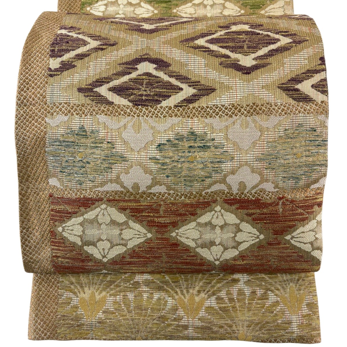 【美品】 袋帯 神品 松皮菱 花 箔 うす茶色色 六通 正絹 【中古】