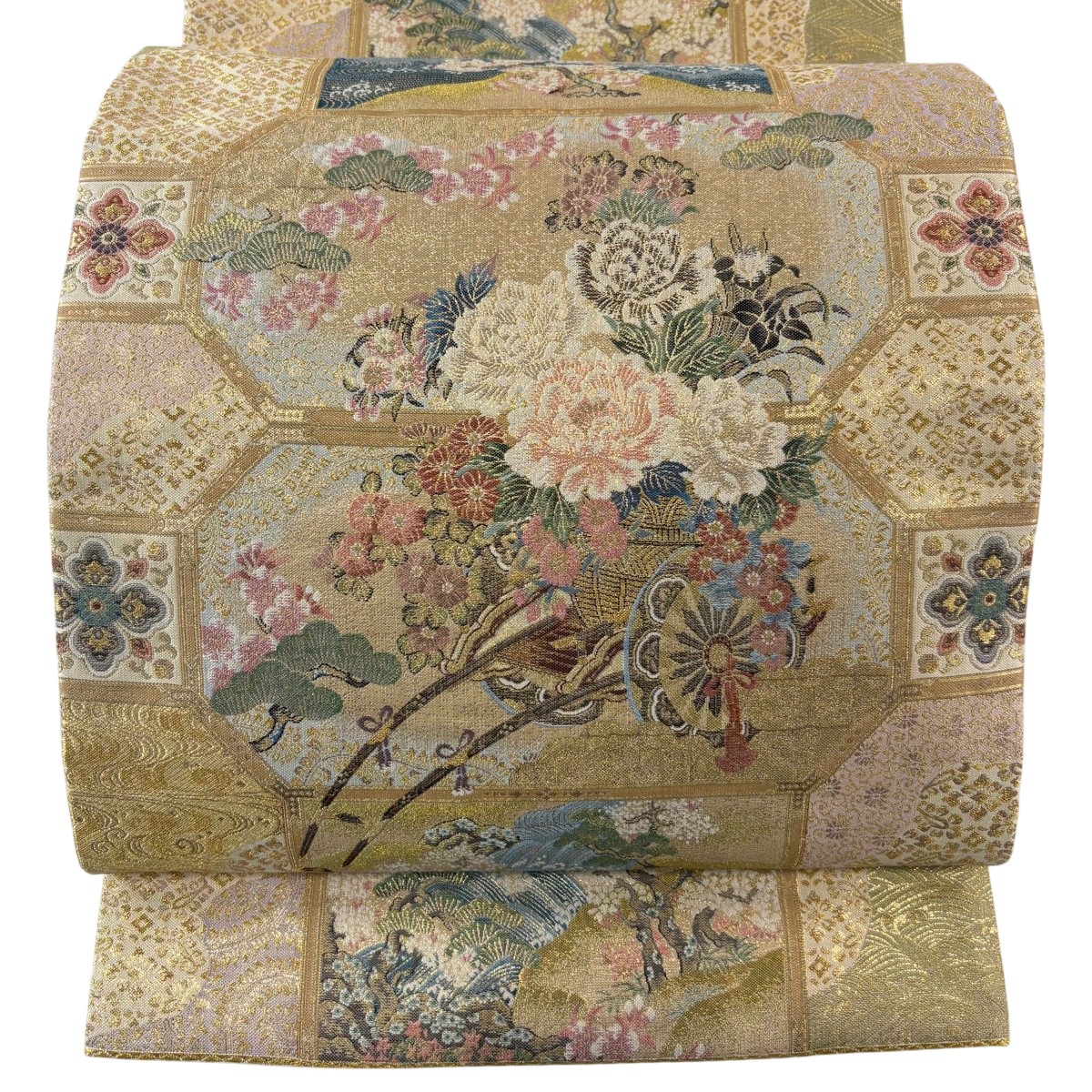 【美品】 袋帯 神品 割れ易い 波 金糸 箔 金色 六通 正絹 【中古】