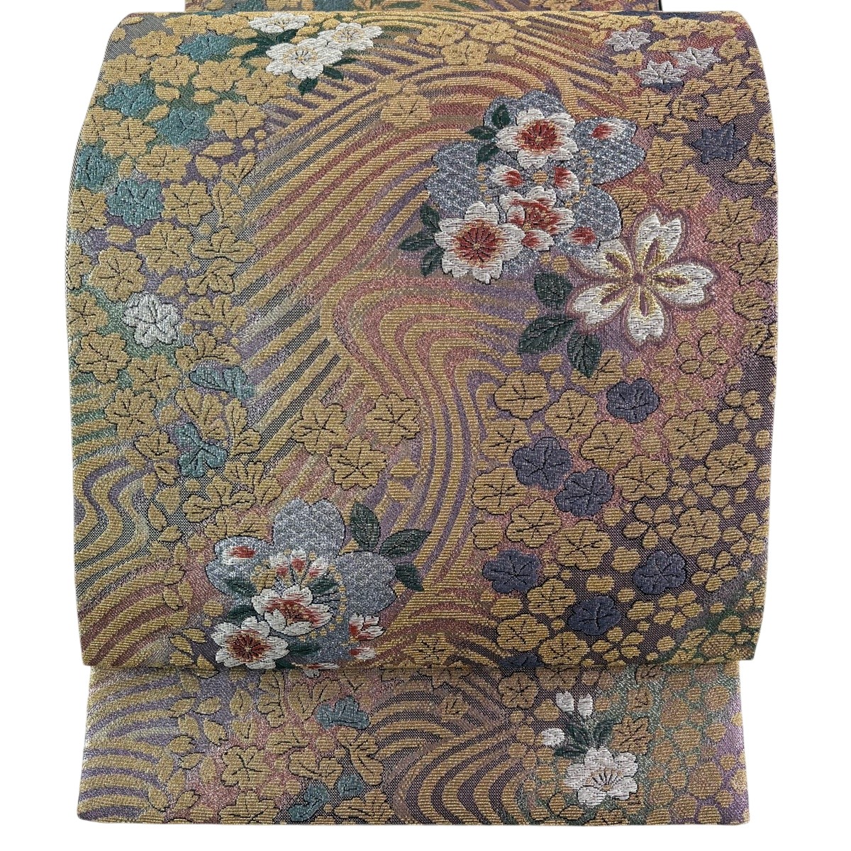 【美品】 袋帯 神品 輪奈織 桜 水筋 現ナマ糸 箔 紫 六通 正絹 【中古】