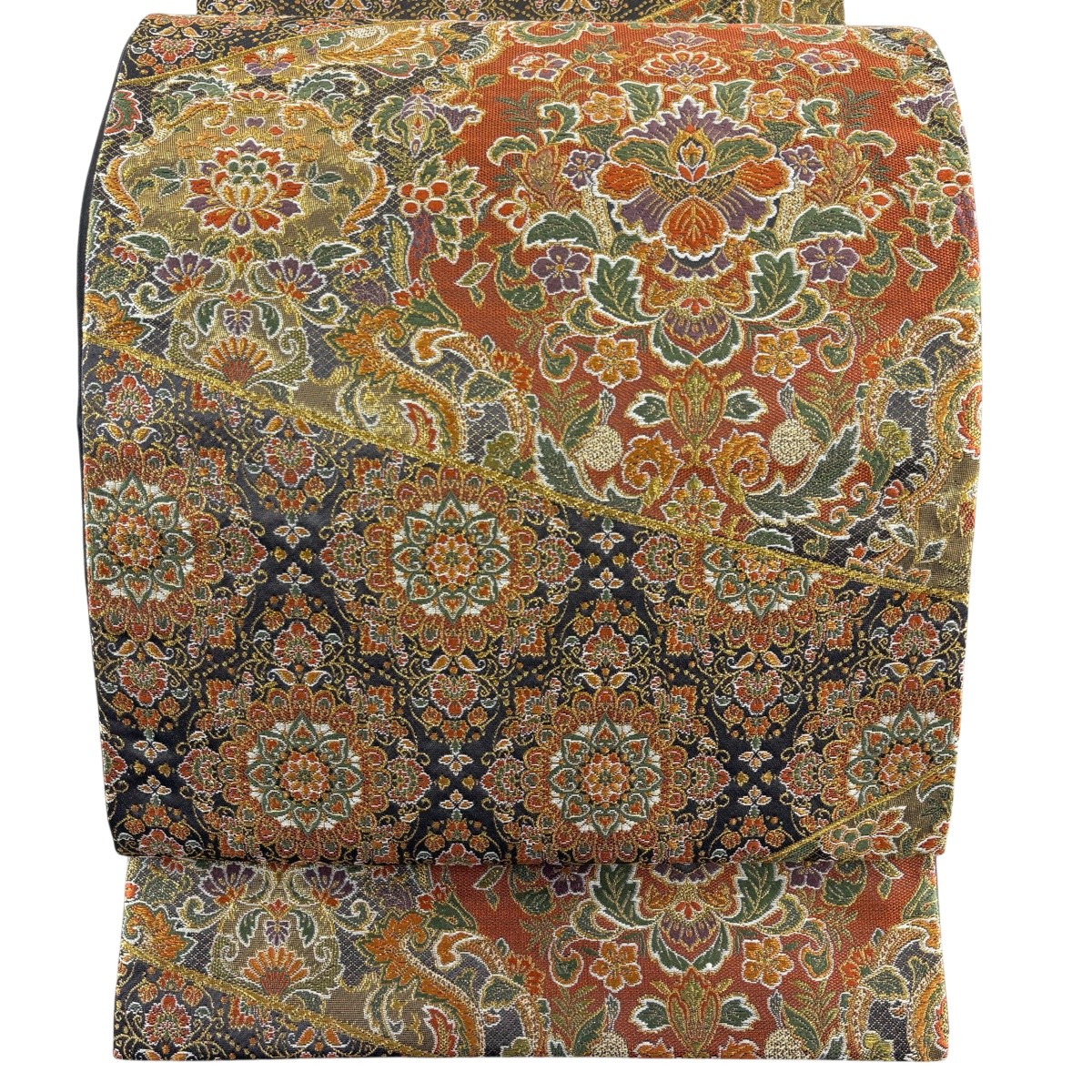 【美品】 袋帯 神品 華文 金糸 箔 オレンジ色 六通 正絹 【中古】