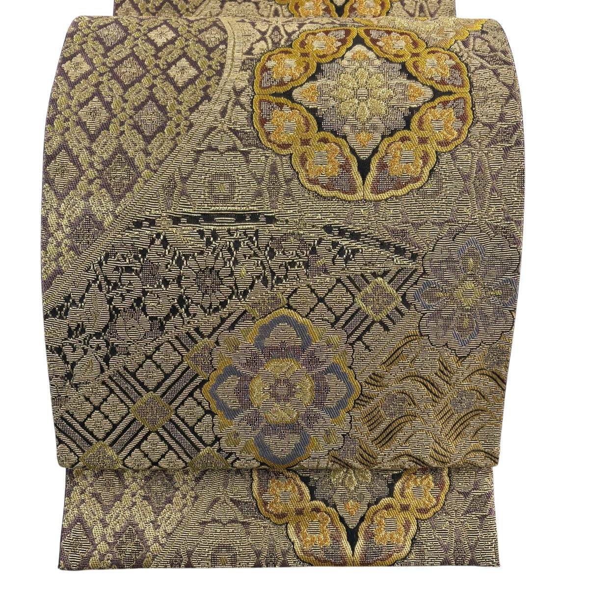 【美品】 袋帯 神品 華文 菱 金糸 金茶 六通 正絹 【中古】