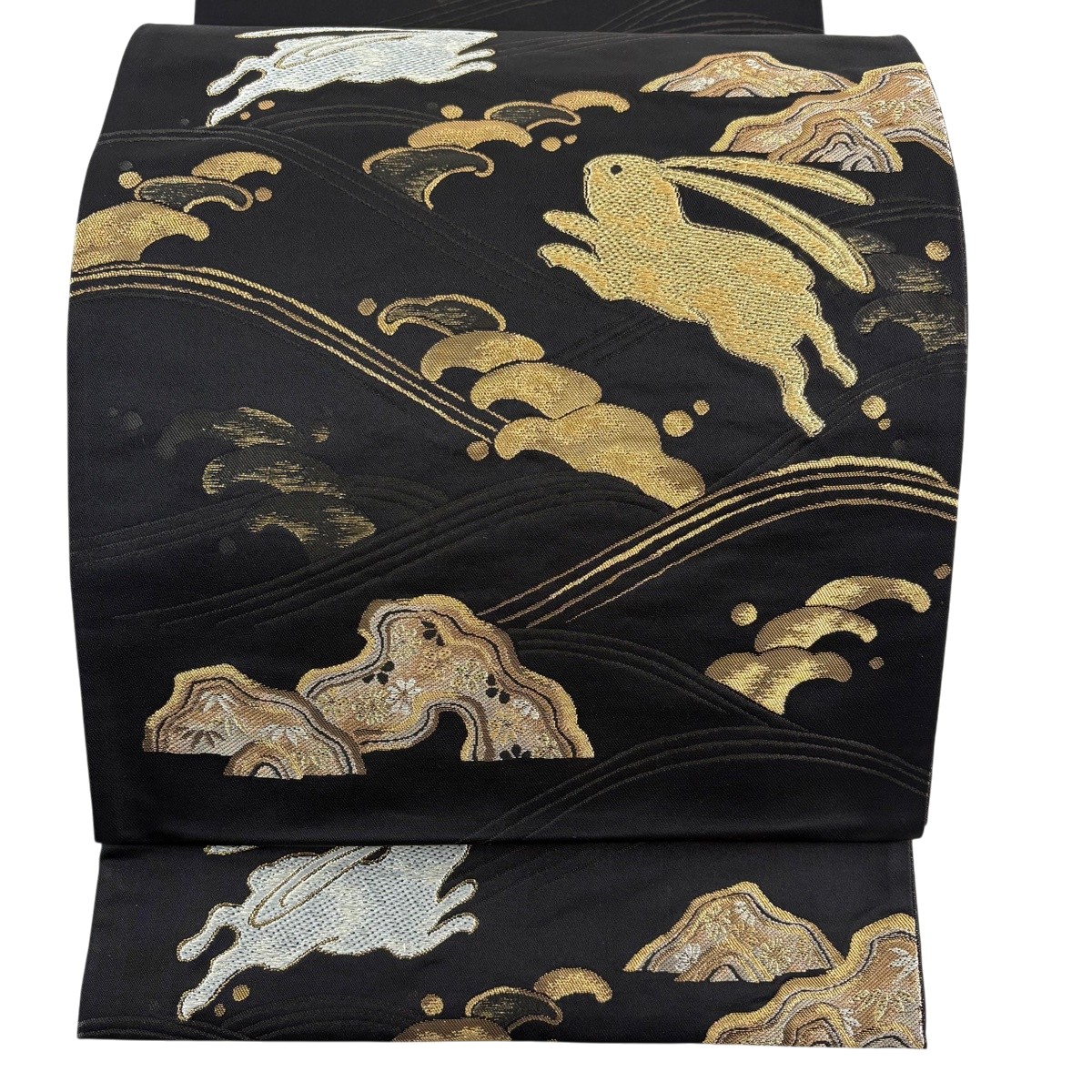 【美品】 袋帯 神品 うさぎ 波 金糸 箔 黒 全通 正絹 【中古】