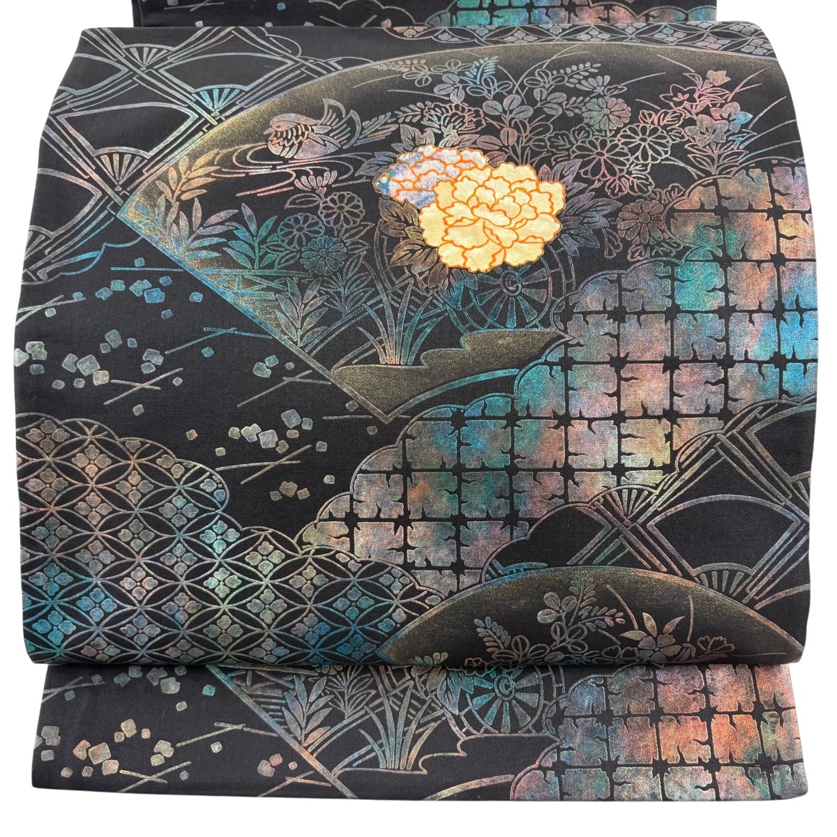 袋帯 神品 割れ易い 扇子 現ナマ彩 黒 お太鼓柄 正絹 【中古】