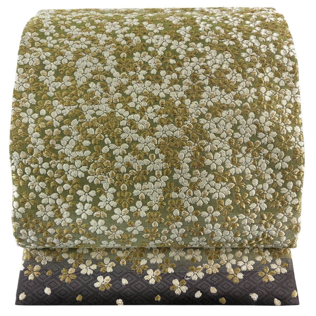 袋帯 名曲 桜 金糸 灰緑 お太鼓柄 正絹 【中古】