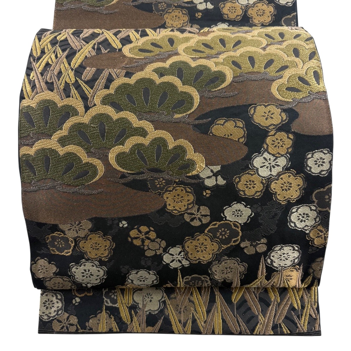 【美品】 袋帯 珠玉 川島織物 書き判あり 松梅 霞 唐織 金糸 黒 六通 正絹 【中古】