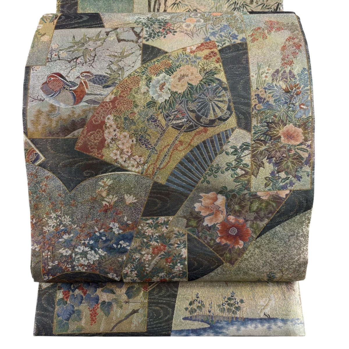 【美品】 丸帯 珠玉 プラチナ本金箔 日本絵図全集 顕花植物 箔 金色 お太鼓柄 正絹 【中古】