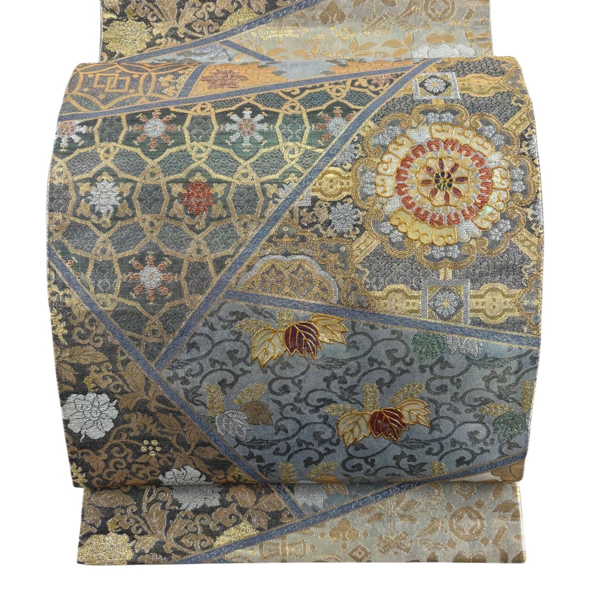 【美品】 袋帯 珠玉 華文 花唐草 螺鈿 箔 しろがね色 お太鼓柄 正絹 【中古】