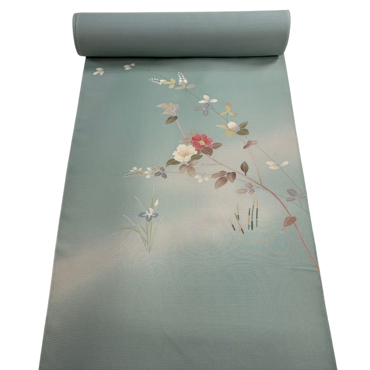布切れ 秀品 付下げ 絽 薄物 椿 萩 ぼかし 薄緑 正絹 【中古】