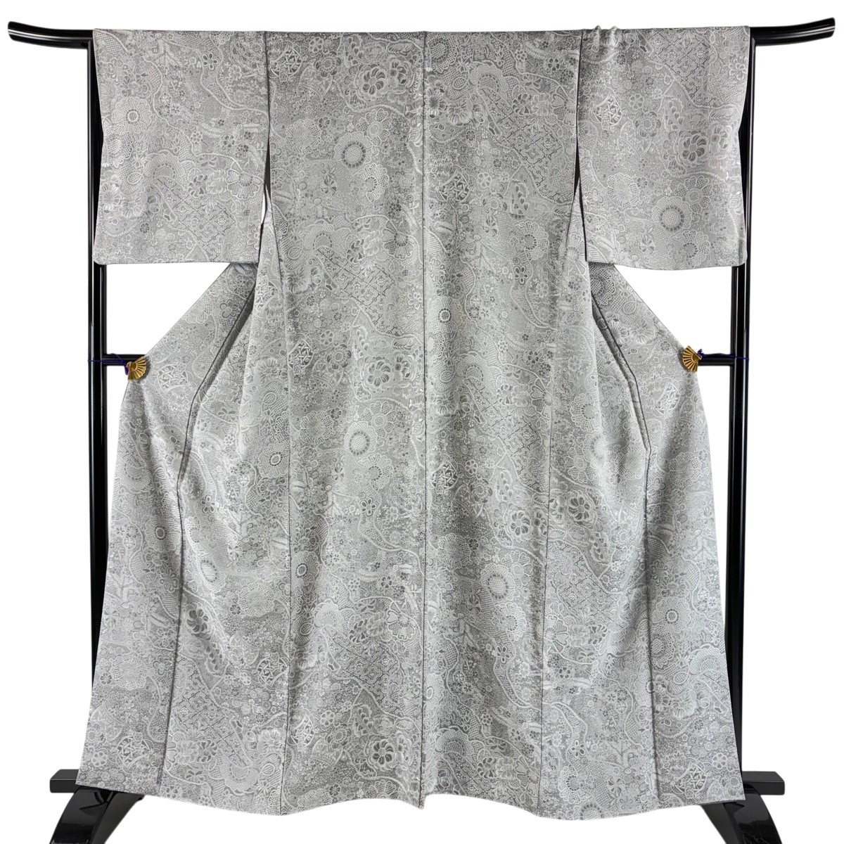 【美品】 小紋 身の丈160.5珊 裄丈66.5珊 M 袷 山岡古都 顕花植物 紋絵柄 薄墨色 正絹 珠玉 【中古】